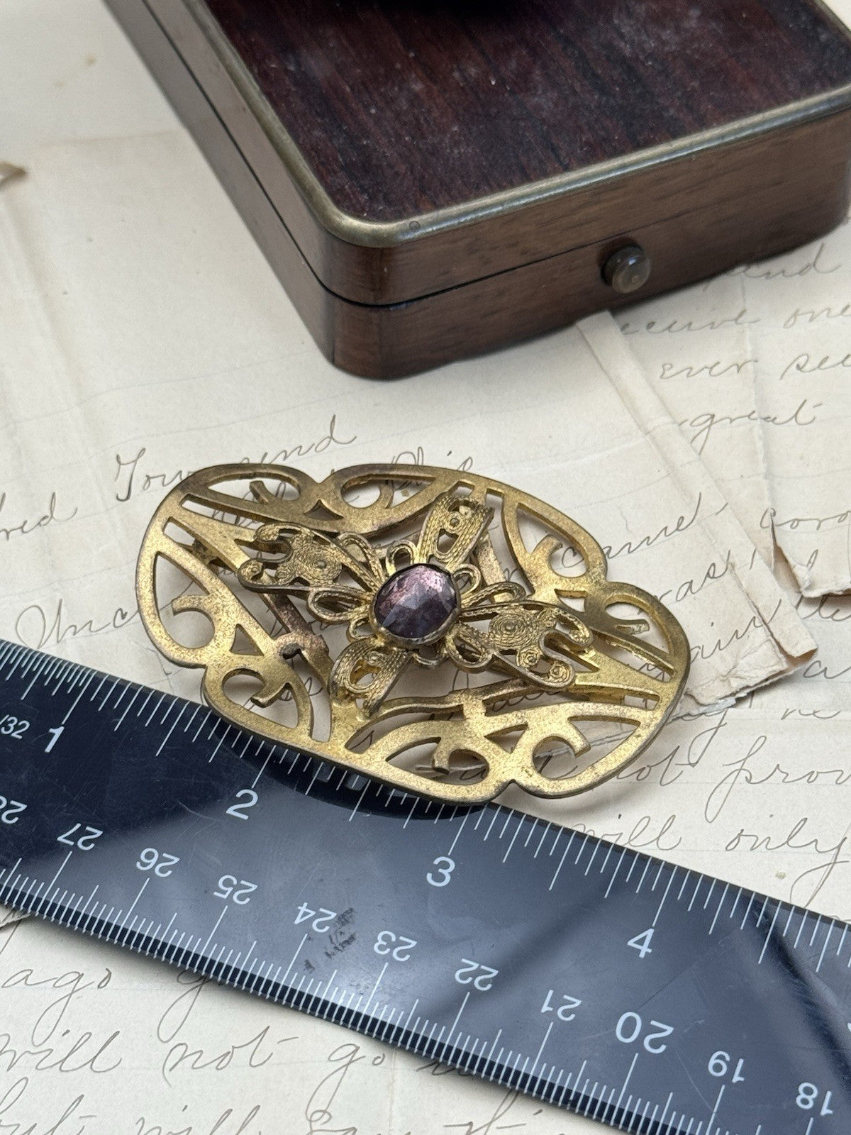 Art Nouveau Gilt Filigree Sash Brooch Purple Paste Buckle Antique Estate Find
