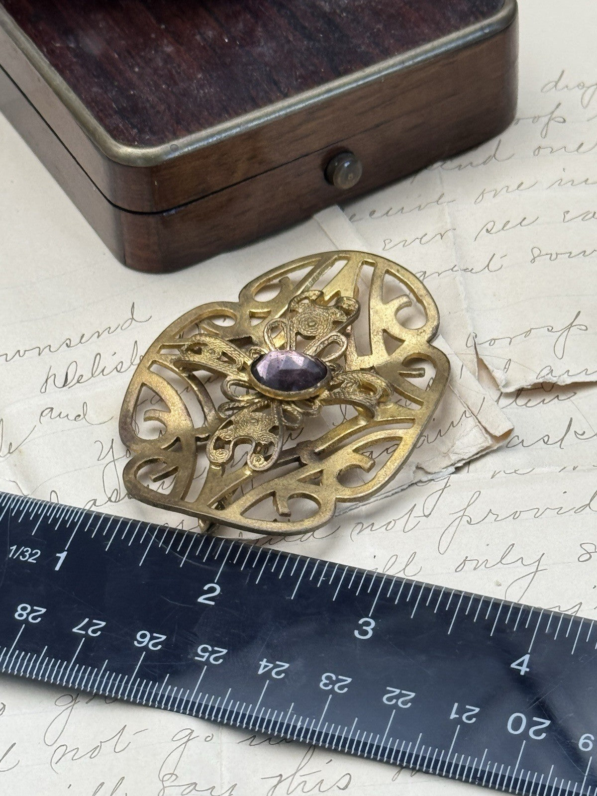 Art Nouveau Gilt Filigree Sash Brooch Purple Paste Buckle Antique Estate Find