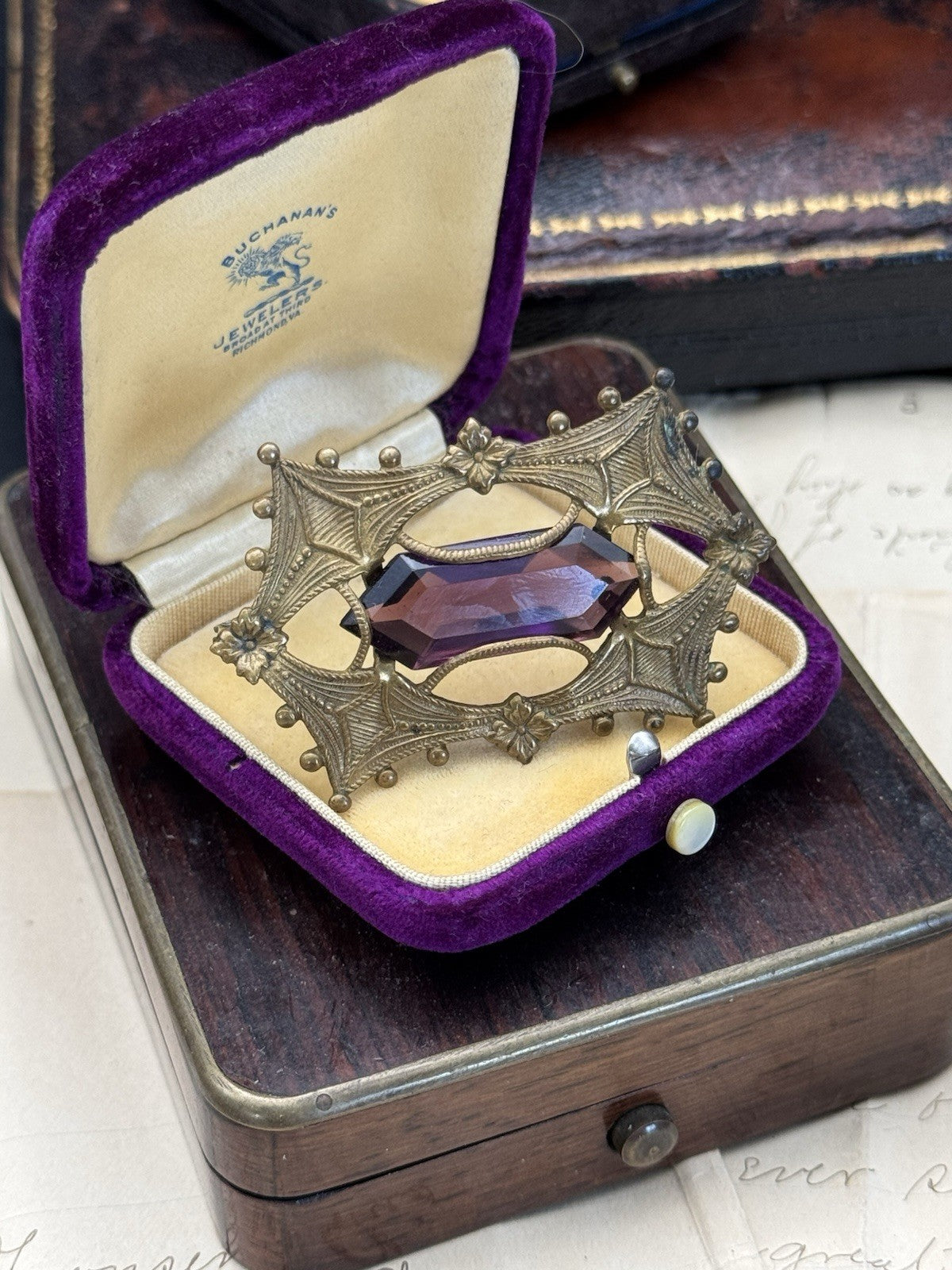 Art Nouveau Gilt Filigree Sash Brooch Purple Paste Buckle Antique Estate Find