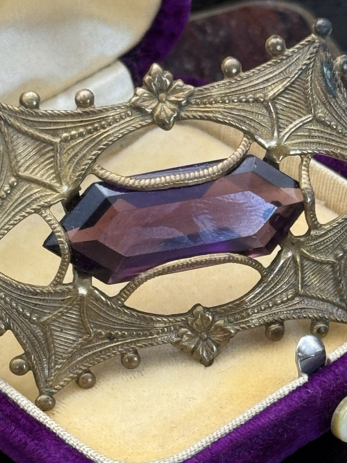 Art Nouveau Gilt Filigree Sash Brooch Purple Paste Buckle Antique Estate Find