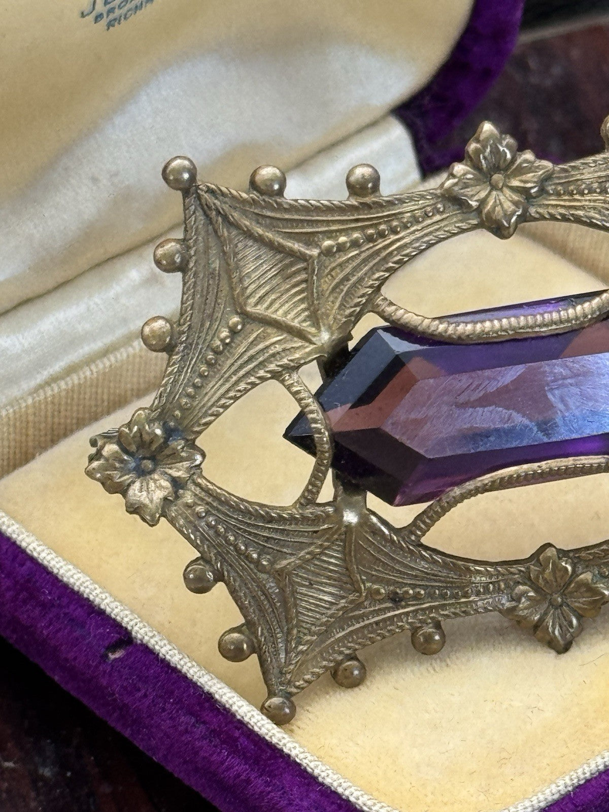 Art Nouveau Gilt Filigree Sash Brooch Purple Paste Buckle Antique Estate Find