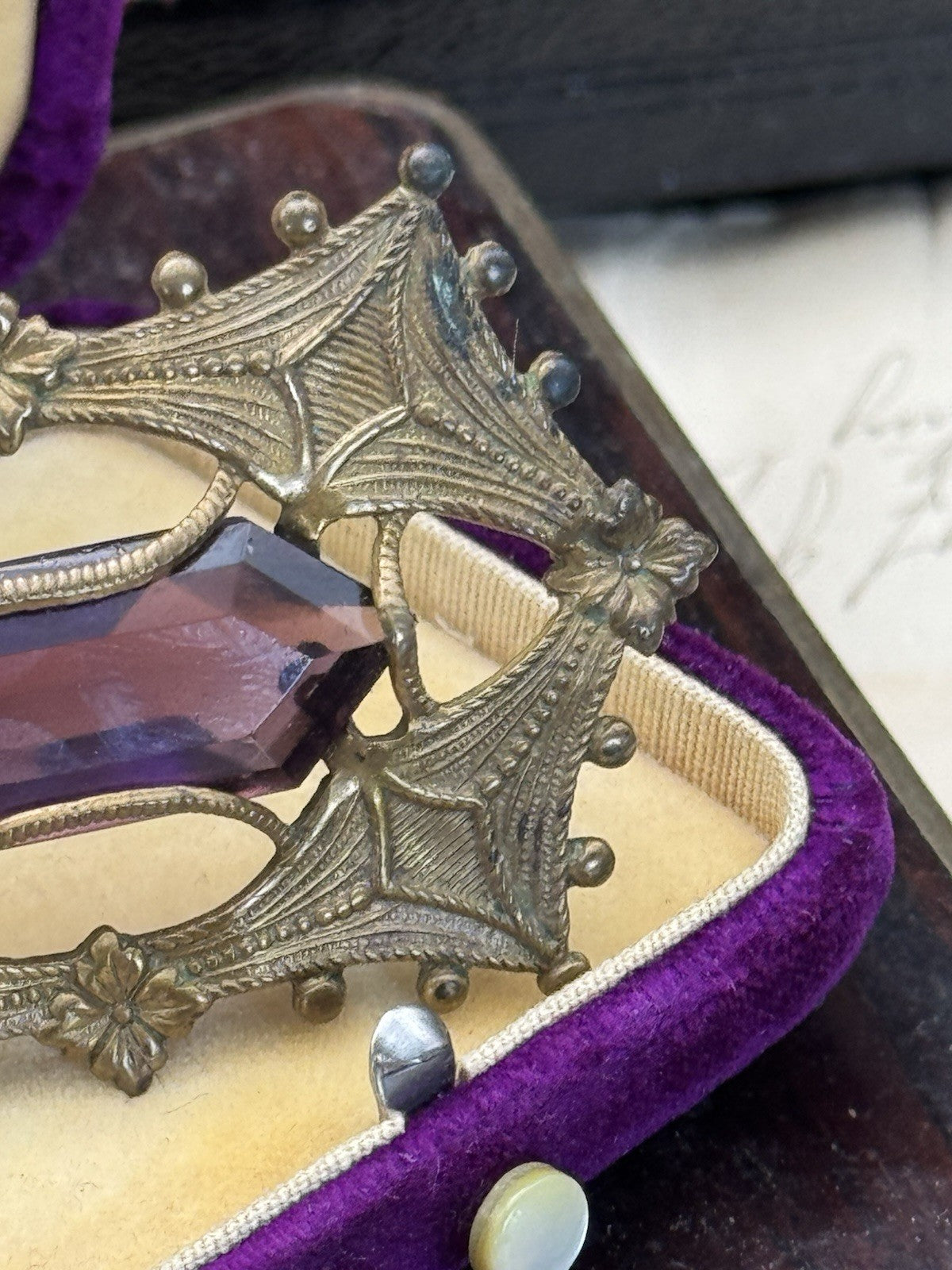 Art Nouveau Gilt Filigree Sash Brooch Purple Paste Buckle Antique Estate Find