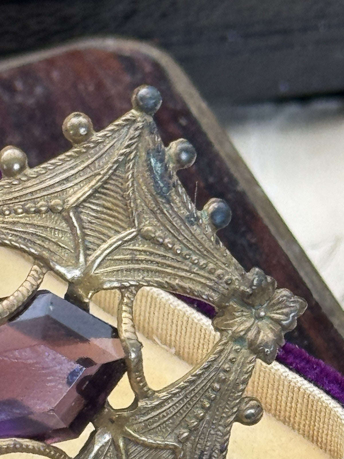 Art Nouveau Gilt Filigree Sash Brooch Purple Paste Buckle Antique Estate Find
