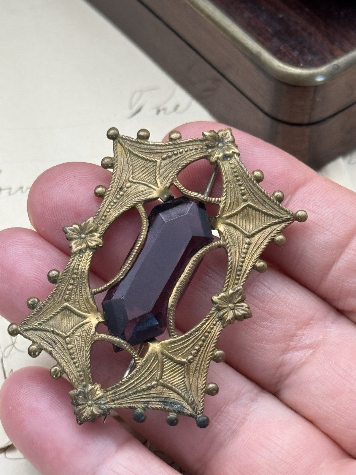 Art Nouveau Gilt Filigree Sash Brooch Purple Paste Buckle Antique Estate Find