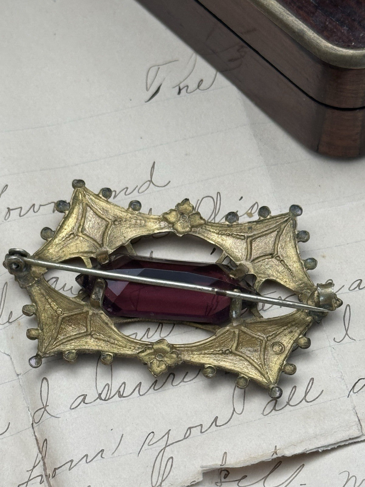 Art Nouveau Gilt Filigree Sash Brooch Purple Paste Buckle Antique Estate Find