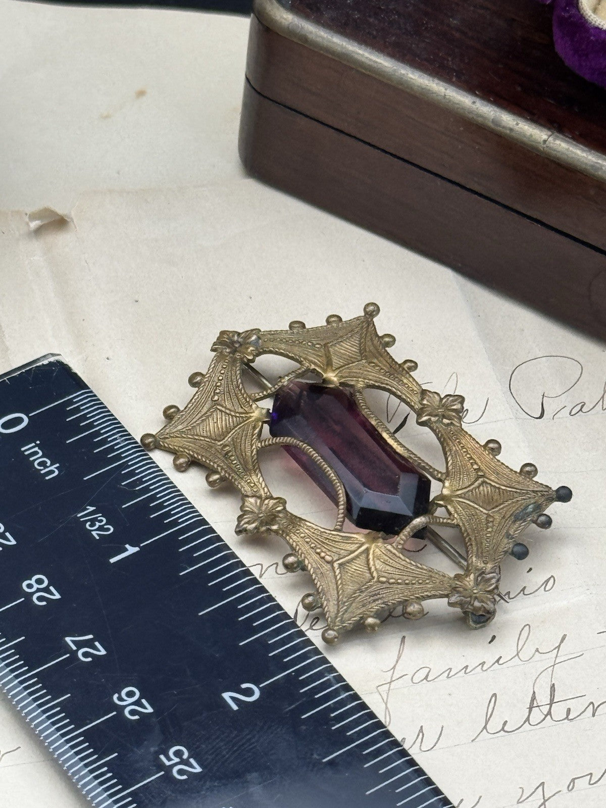 Art Nouveau Gilt Filigree Sash Brooch Purple Paste Buckle Antique Estate Find