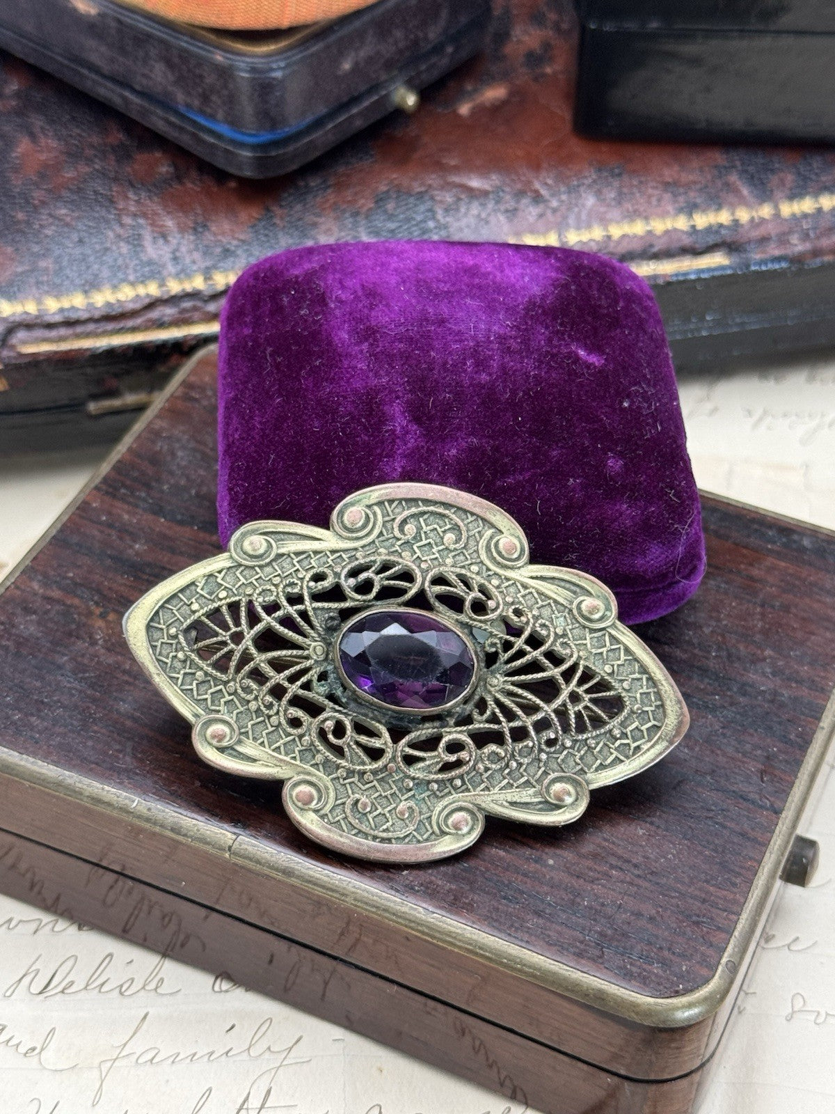 Art Nouveau Gilt Filigree Sash Brooch Purple Paste Buckle Antique Estate Find