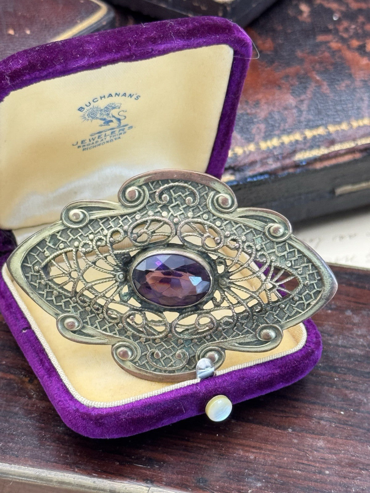 Art Nouveau Gilt Filigree Sash Brooch Purple Paste Buckle Antique Estate Find