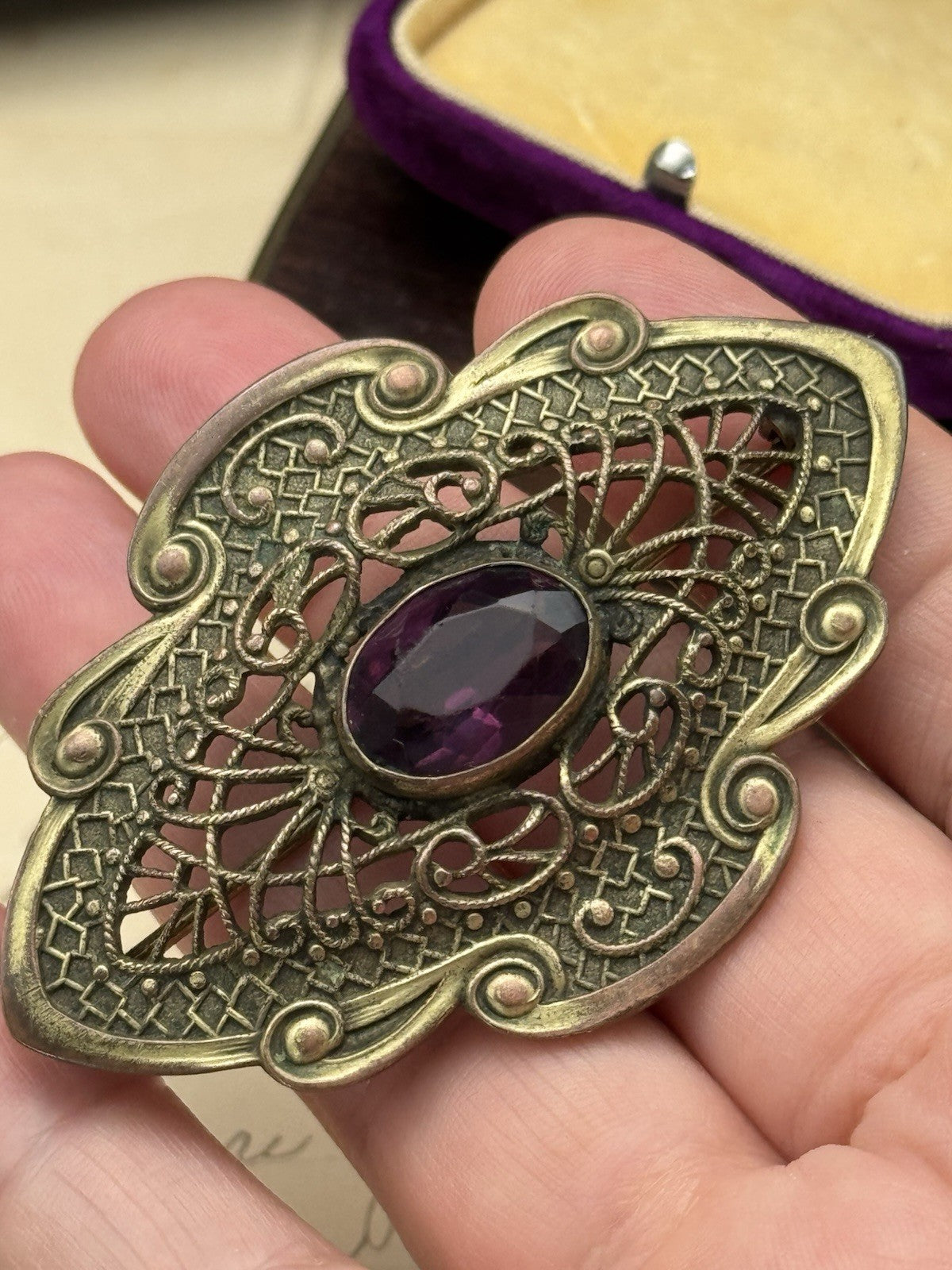 Art Nouveau Gilt Filigree Sash Brooch Purple Paste Buckle Antique Estate Find
