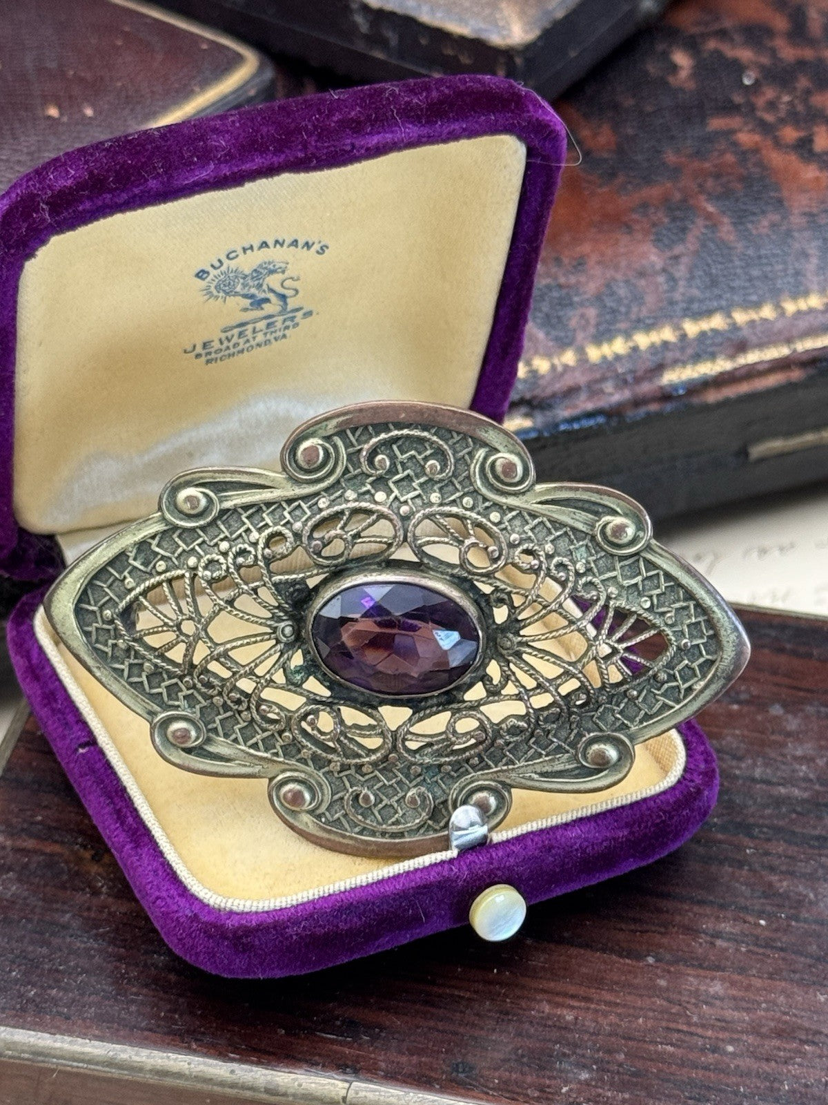 Art Nouveau Gilt Filigree Sash Brooch Purple Paste Buckle Antique Estate Find