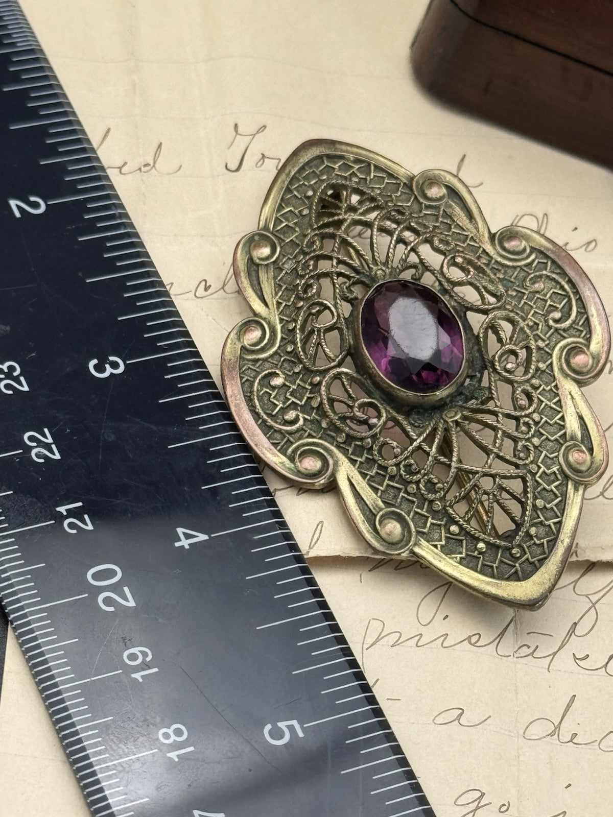 Art Nouveau Gilt Filigree Sash Brooch Purple Paste Buckle Antique Estate Find