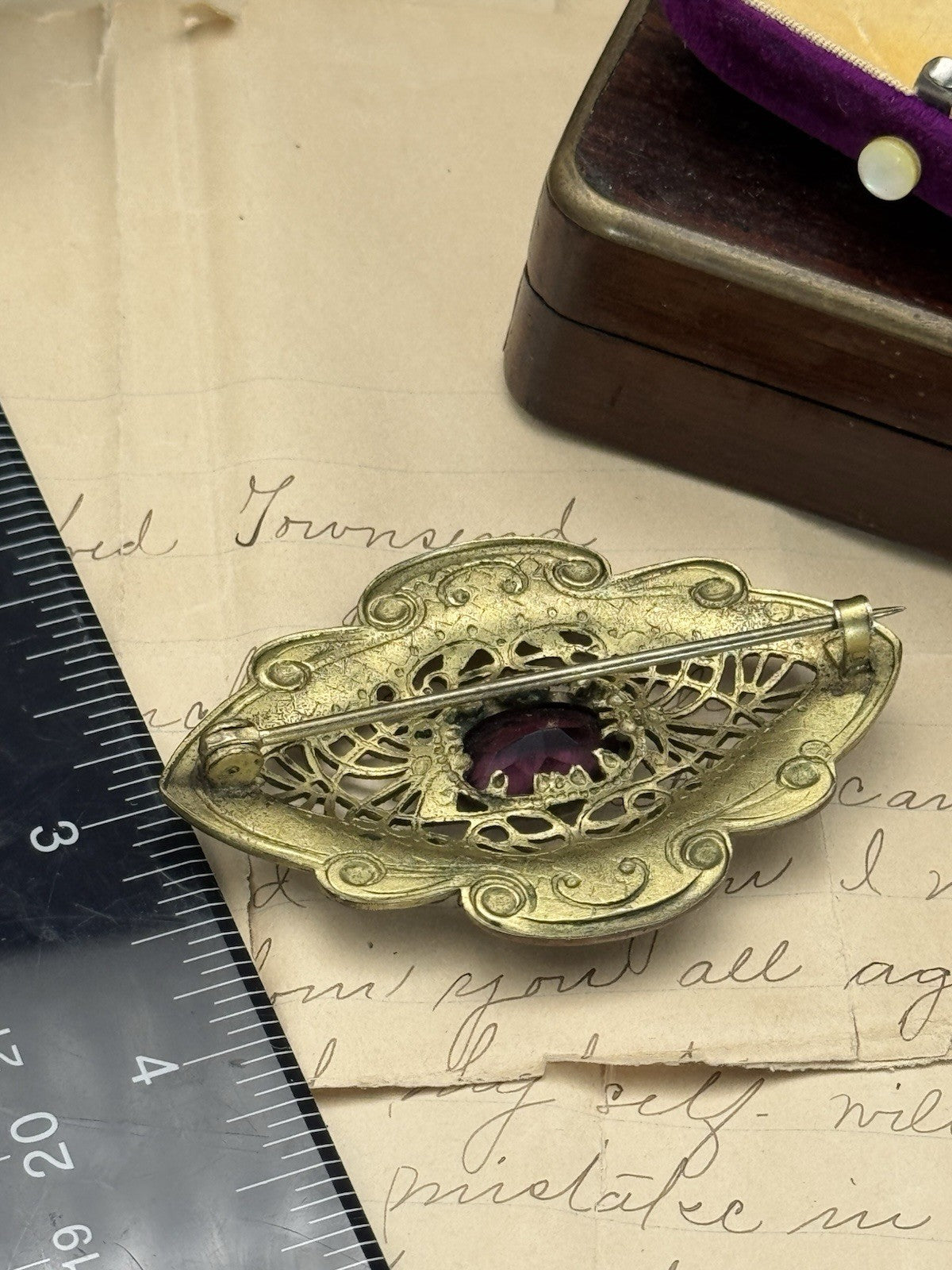 Art Nouveau Gilt Filigree Sash Brooch Purple Paste Buckle Antique Estate Find