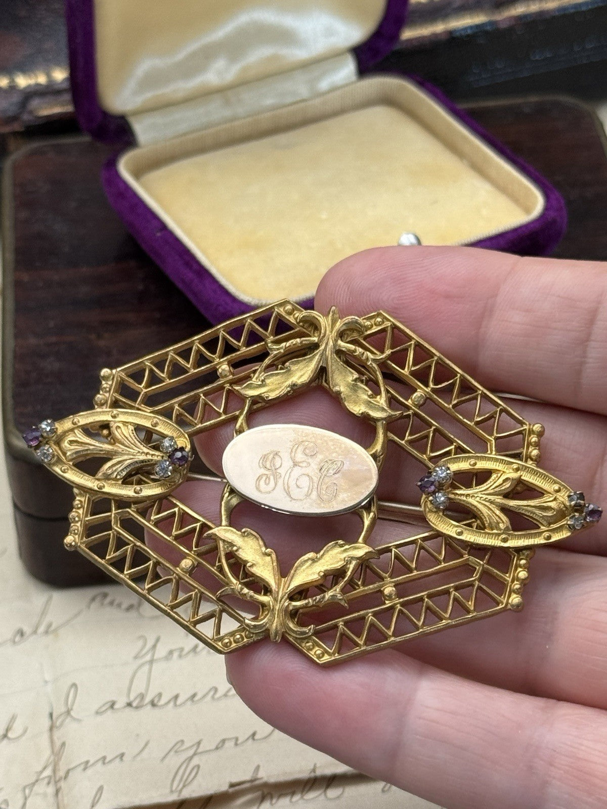 Edwardian Gilt Filigree Sash Brooch Purple Clear Paste Buckle Antique w/ Mono
