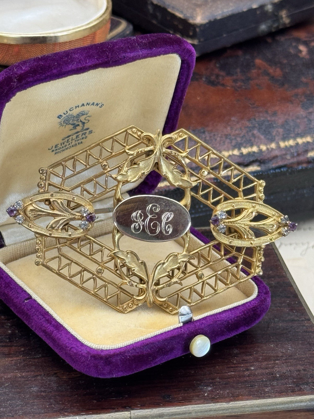 Edwardian Gilt Filigree Sash Brooch Purple Clear Paste Buckle Antique w/ Mono