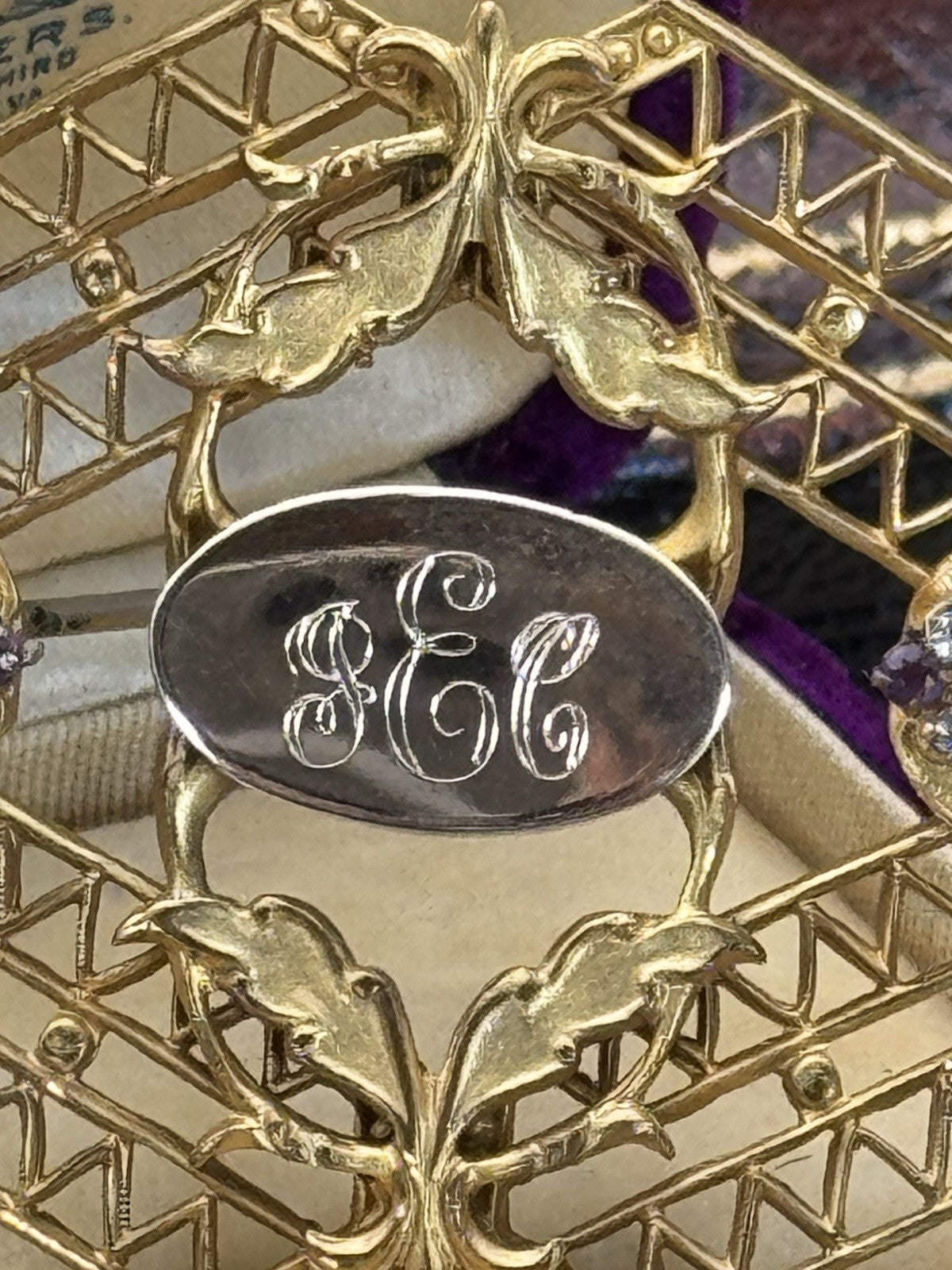 Edwardian Gilt Filigree Sash Brooch Purple Clear Paste Buckle Antique w/ Mono