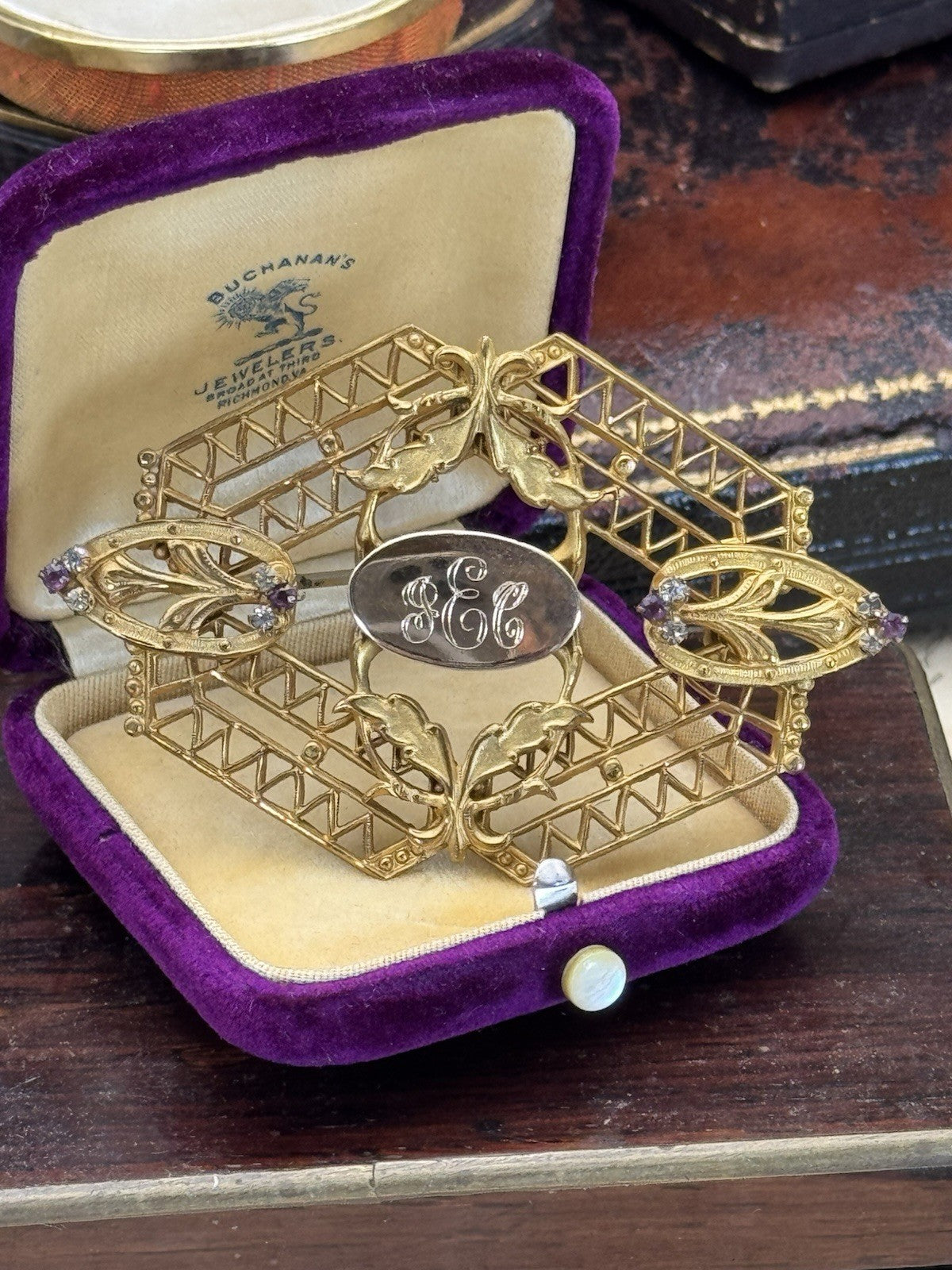 Edwardian Gilt Filigree Sash Brooch Purple Clear Paste Buckle Antique w/ Mono