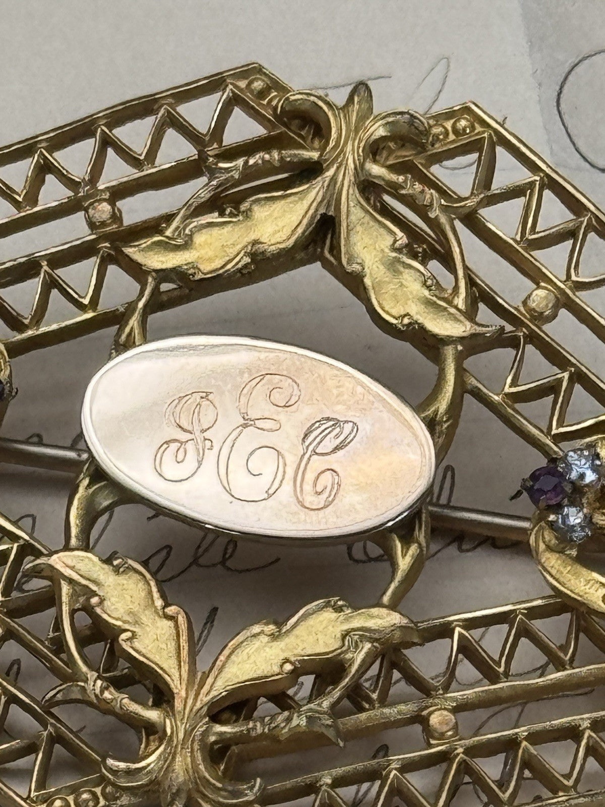 Edwardian Gilt Filigree Sash Brooch Purple Clear Paste Buckle Antique w/ Mono