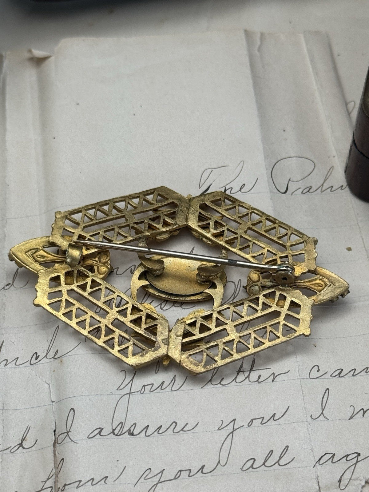 Edwardian Gilt Filigree Sash Brooch Purple Clear Paste Buckle Antique w/ Mono