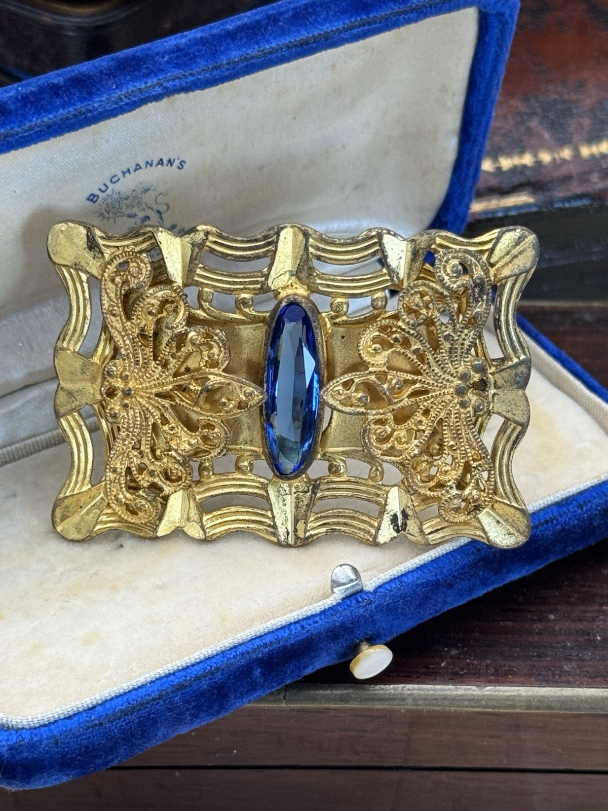 ANTIQUE Gilt Filigree Sash Brooch Large Blue Clear Paste Buckle ESTATE FIND
