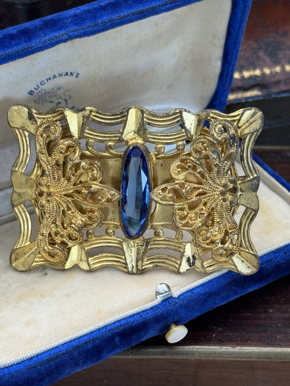 ANTIQUE Gilt Filigree Sash Brooch Large Blue Clear Paste Buckle ESTATE FIND