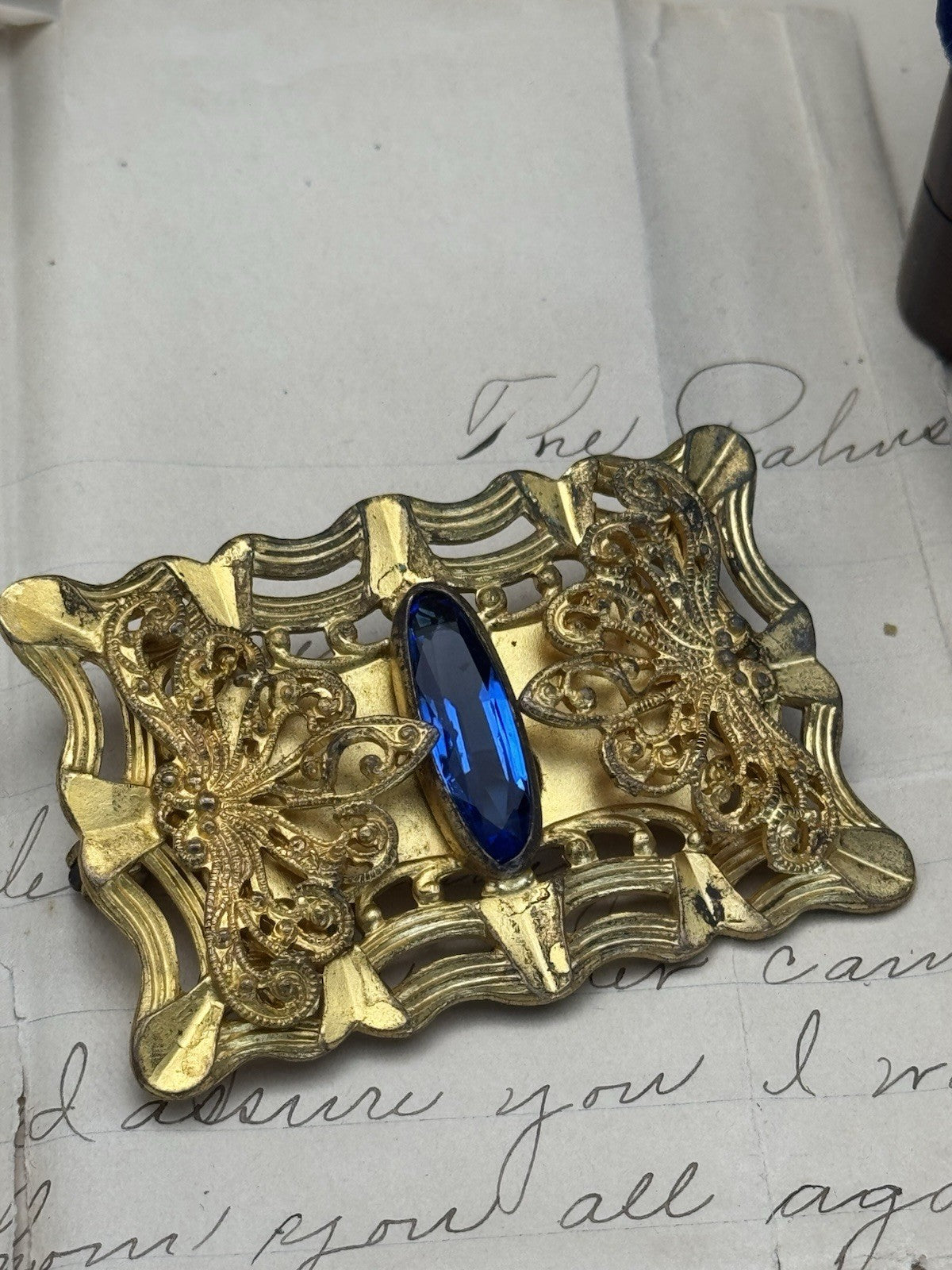 ANTIQUE Gilt Filigree Sash Brooch Large Blue Clear Paste Buckle ESTATE FIND
