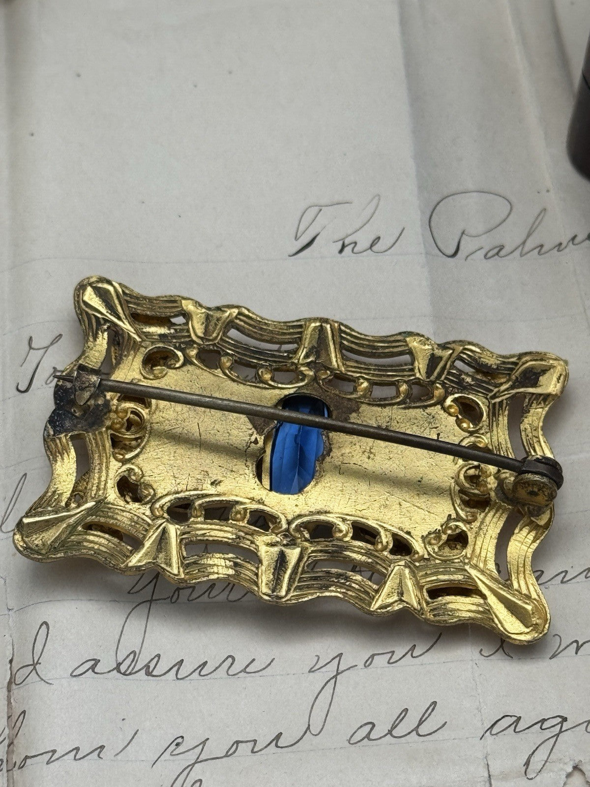 ANTIQUE Gilt Filigree Sash Brooch Large Blue Clear Paste Buckle ESTATE FIND