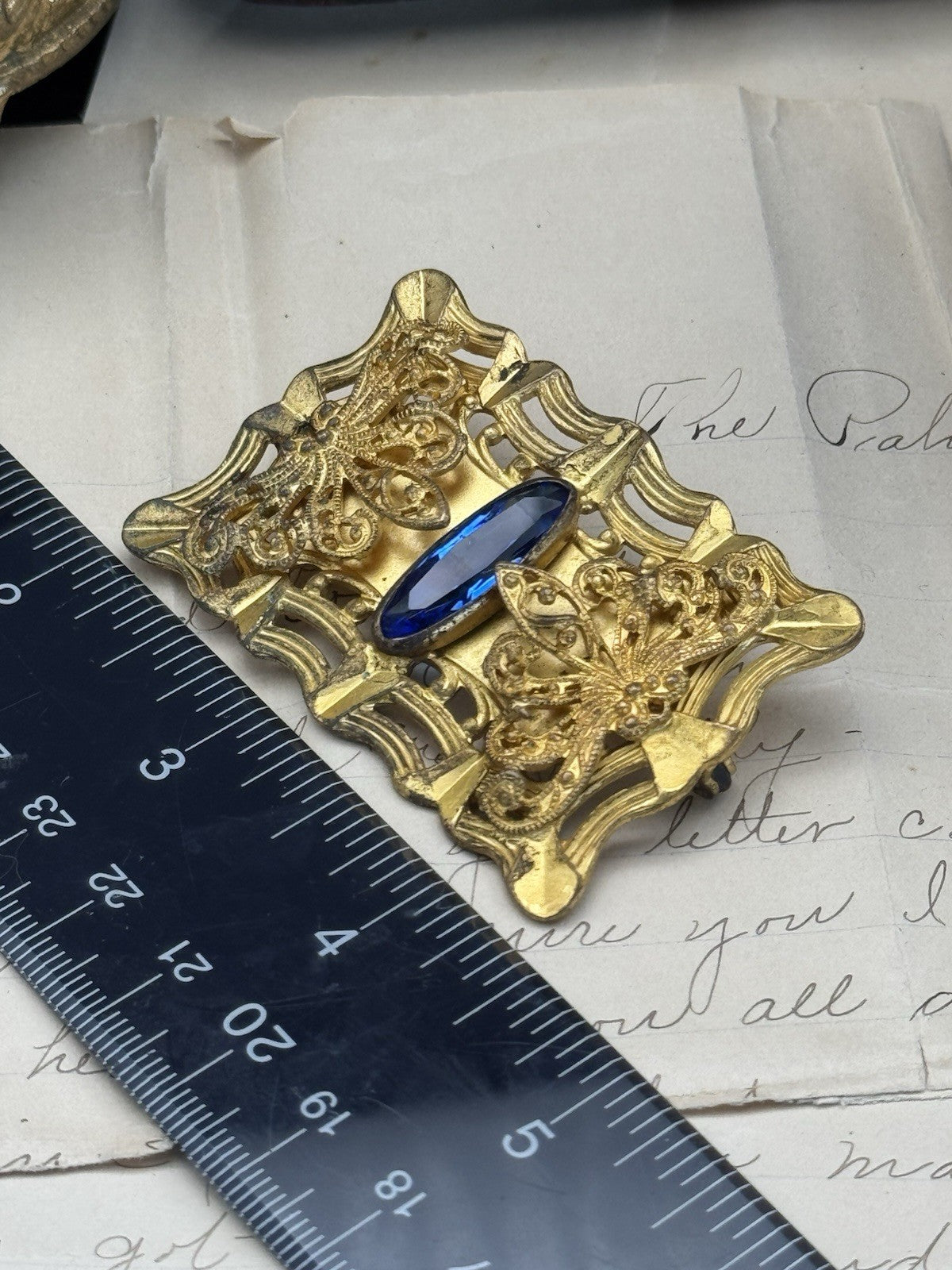 ANTIQUE Gilt Filigree Sash Brooch Large Blue Clear Paste Buckle ESTATE FIND
