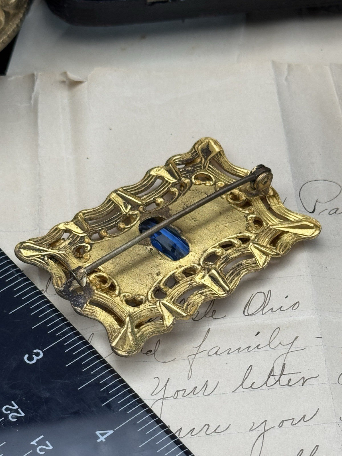 ANTIQUE Gilt Filigree Sash Brooch Large Blue Clear Paste Buckle ESTATE FIND
