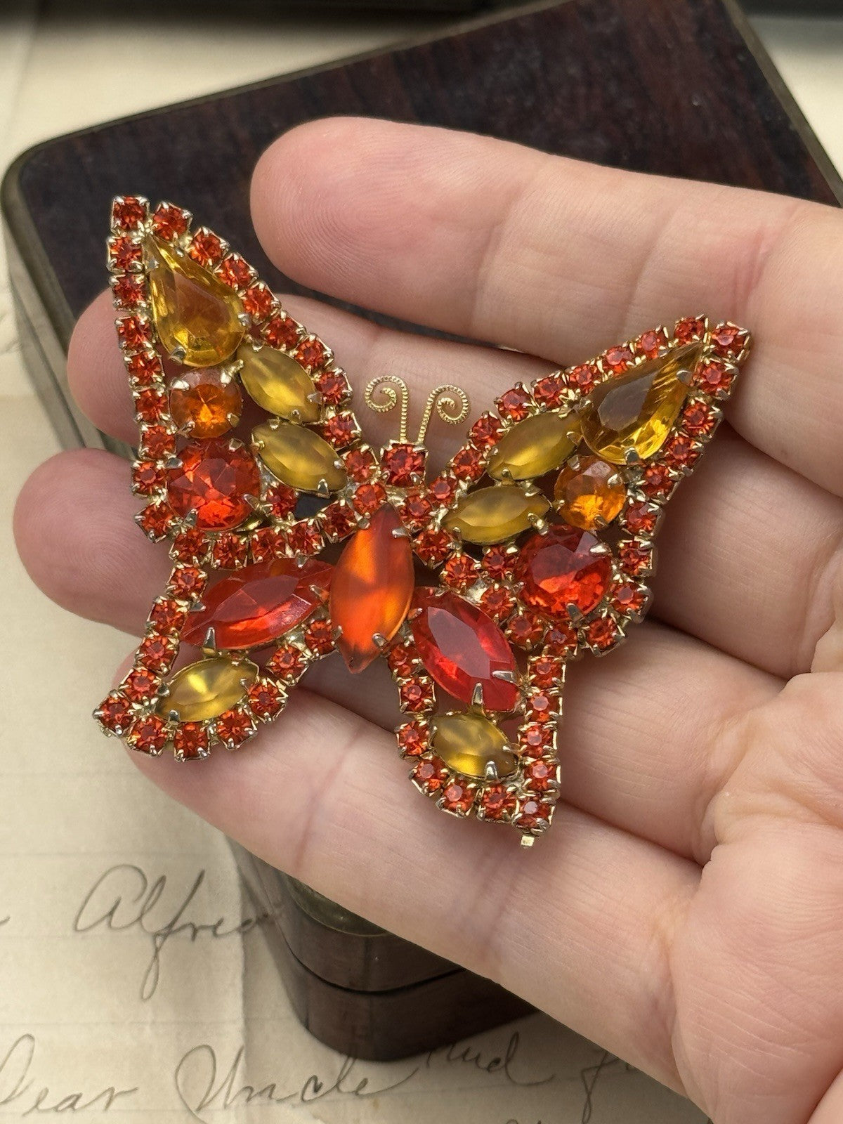 Vintage JULIANA Orange Yellow Butterfly Brooch ESTATE FIND