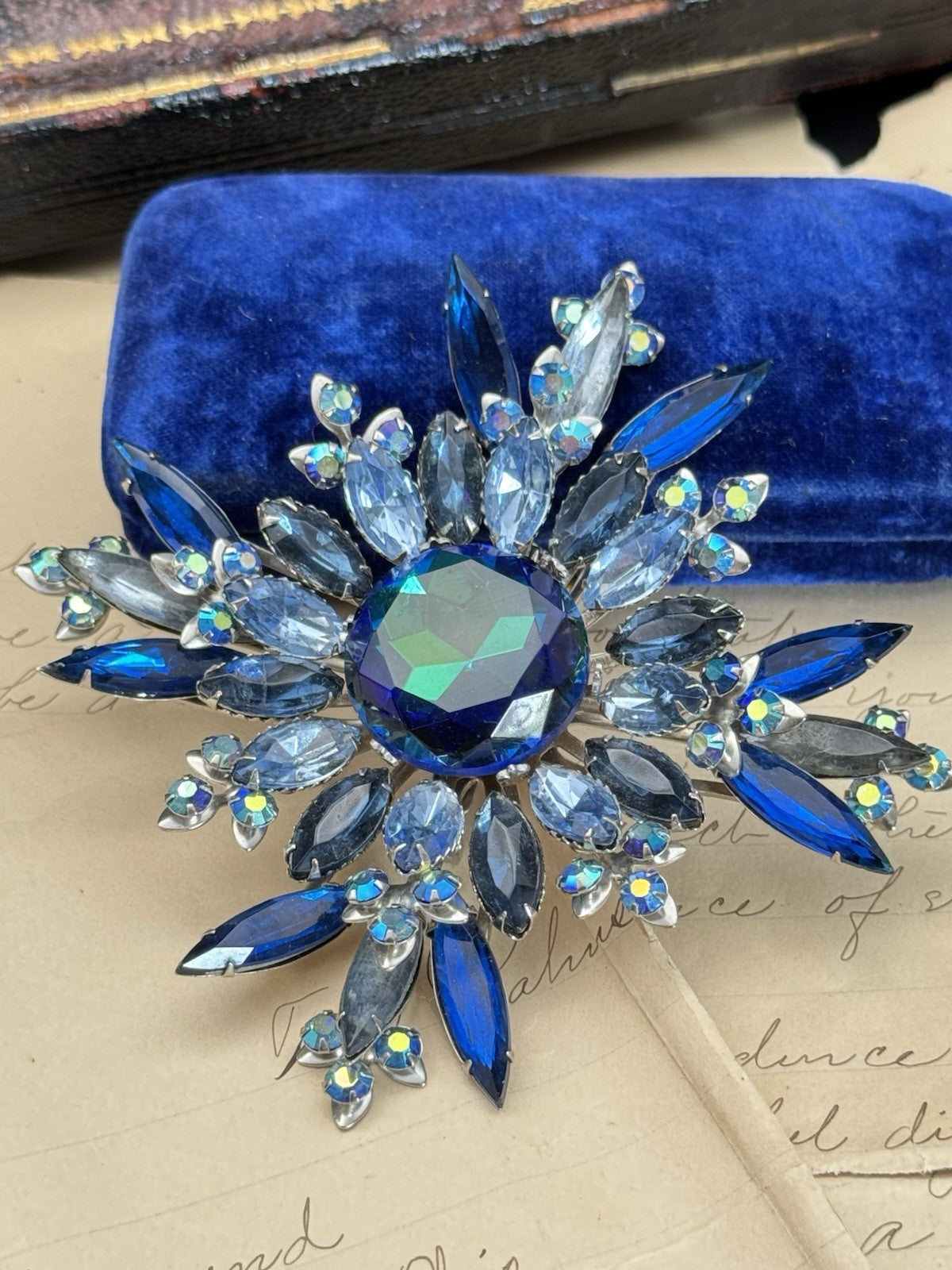XXL Blue Rhinestone AB Accents Brooch Star Bursts 3.75”d RARE ESTATE FIND