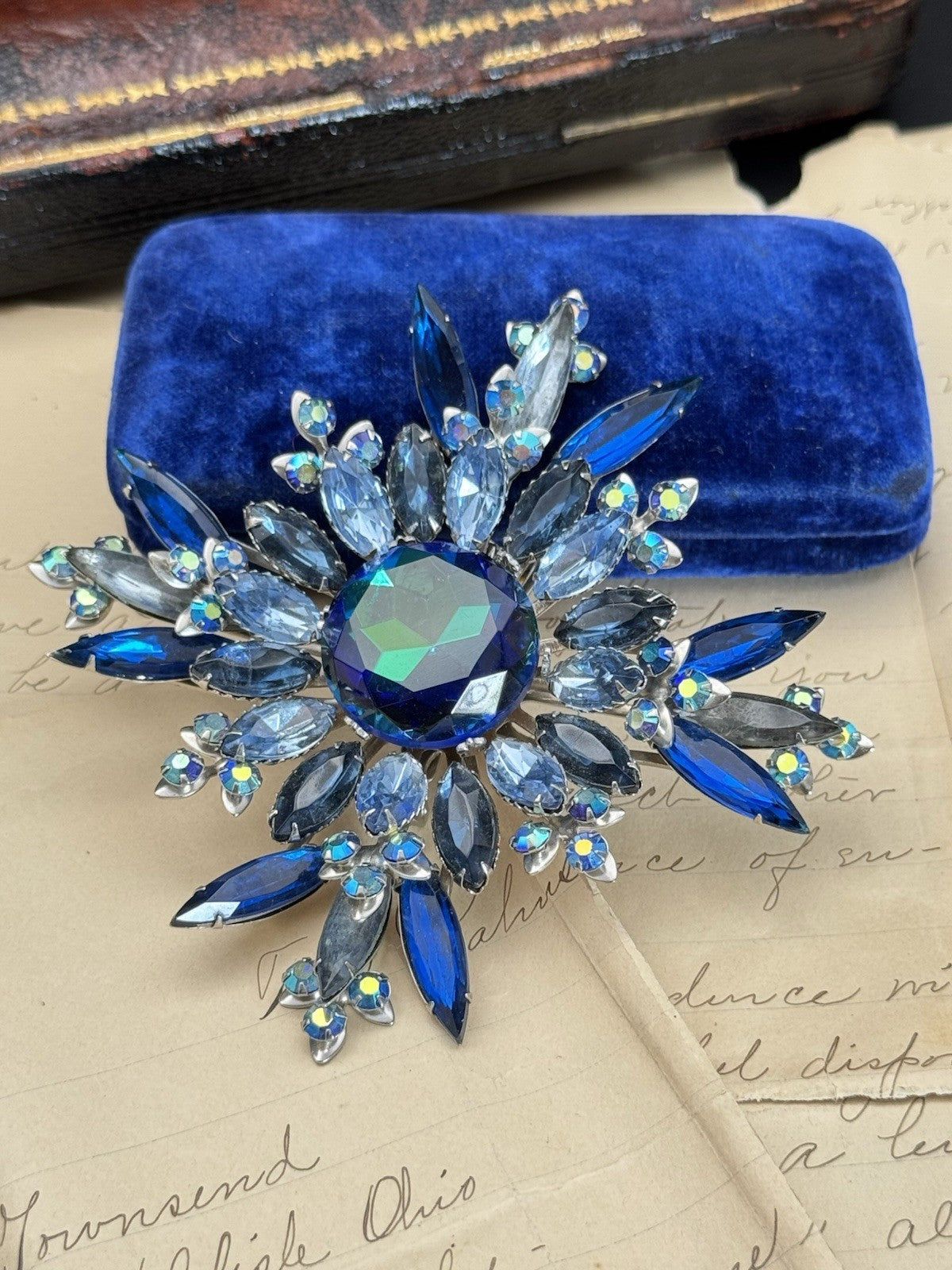 XXL Blue Rhinestone AB Accents Brooch Star Bursts 3.75”d RARE ESTATE FIND