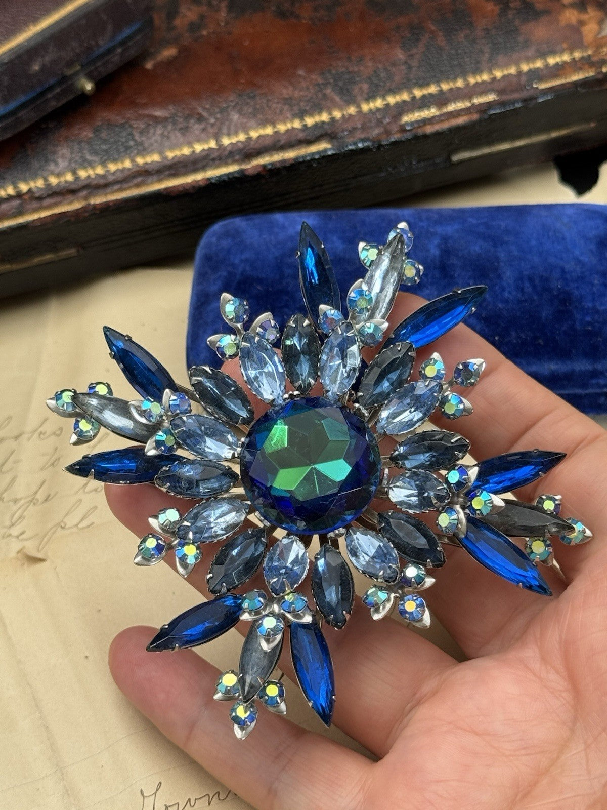 XXL Blue Rhinestone AB Accents Brooch Star Bursts 3.75”d RARE ESTATE FIND