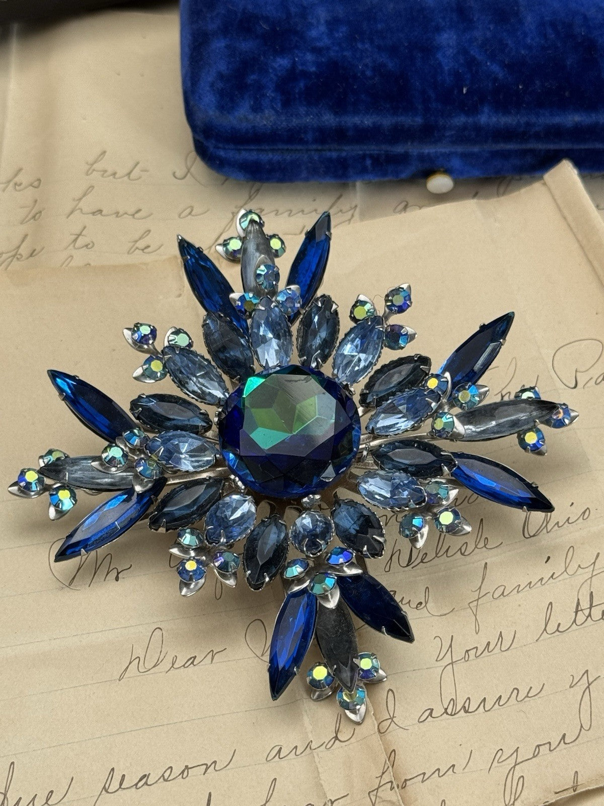 XXL Blue Rhinestone AB Accents Brooch Star Bursts 3.75”d RARE ESTATE FIND