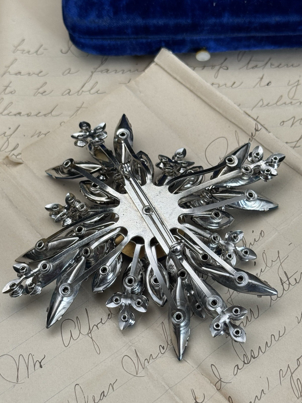 XXL Blue Rhinestone AB Accents Brooch Star Bursts 3.75”d RARE ESTATE FIND