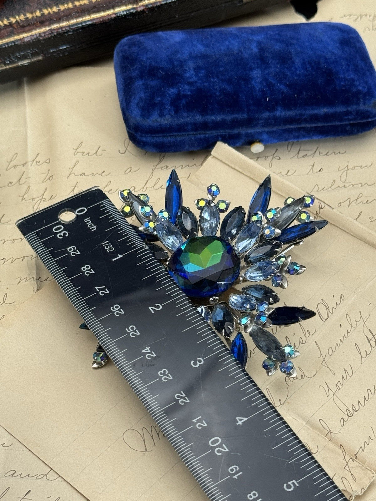 XXL Blue Rhinestone AB Accents Brooch Star Bursts 3.75”d RARE ESTATE FIND