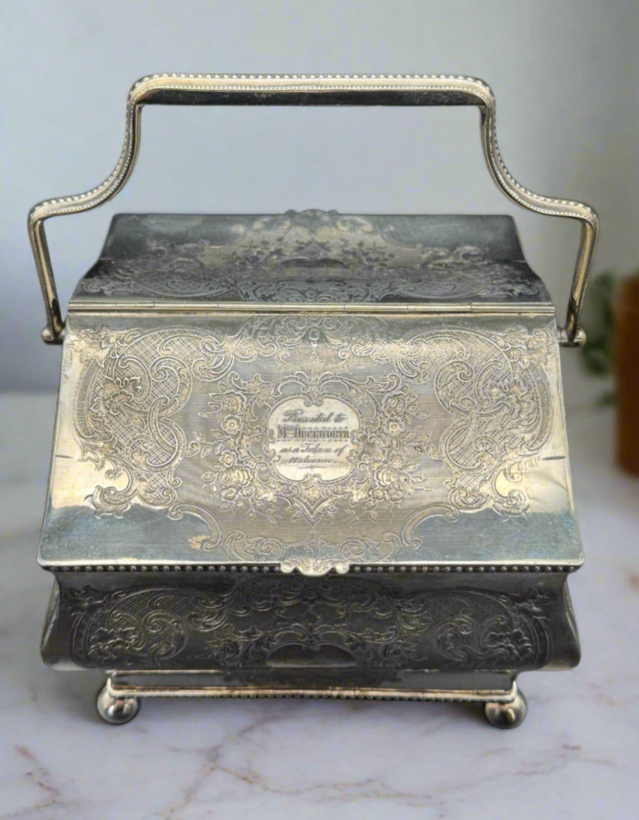 Antique Sheffield Silver Plate Double Biscuit Box – 1889 Marriage Presentation