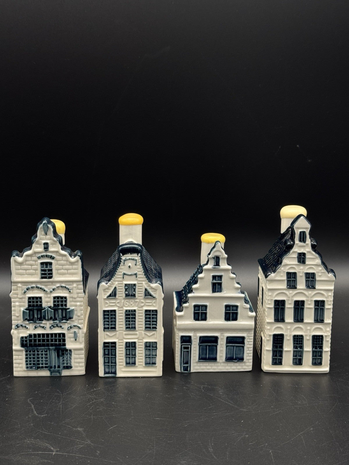 Set of 4 KLM Delft Blue Miniature Houses – #13, 20, 25, 73 – Sealed (Empty)