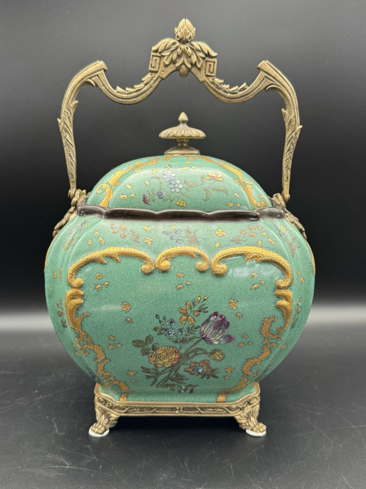 Vintage WONG LEE Green Gilt Bronze Handled Exquisite Biscuit Box RARE FIND