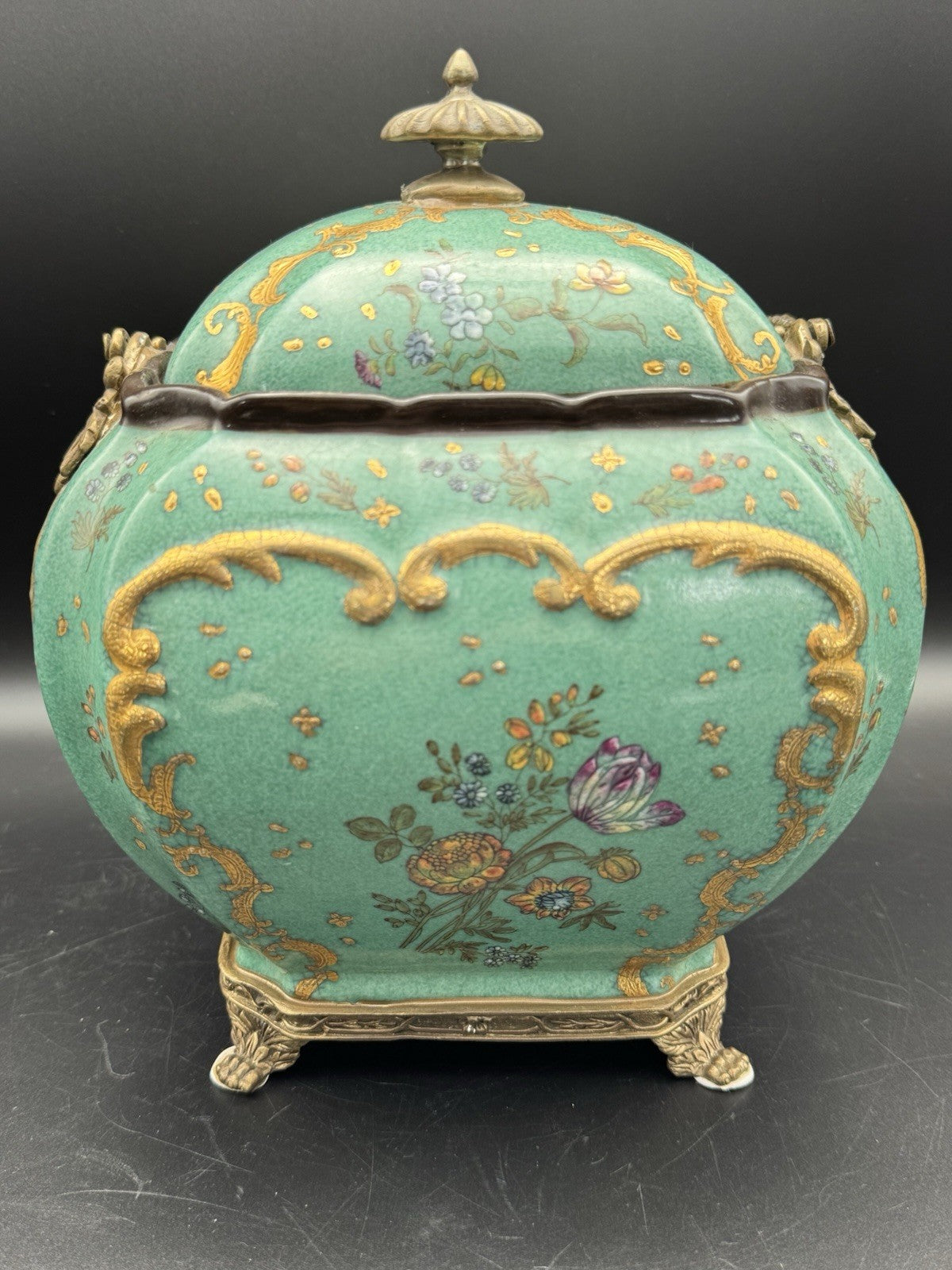 Vintage WONG LEE Green Gilt Bronze Handled Exquisite Biscuit Box RARE FIND