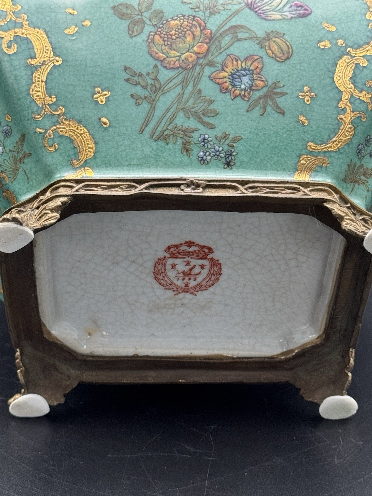 Vintage WONG LEE Green Gilt Bronze Handled Exquisite Biscuit Box RARE FIND
