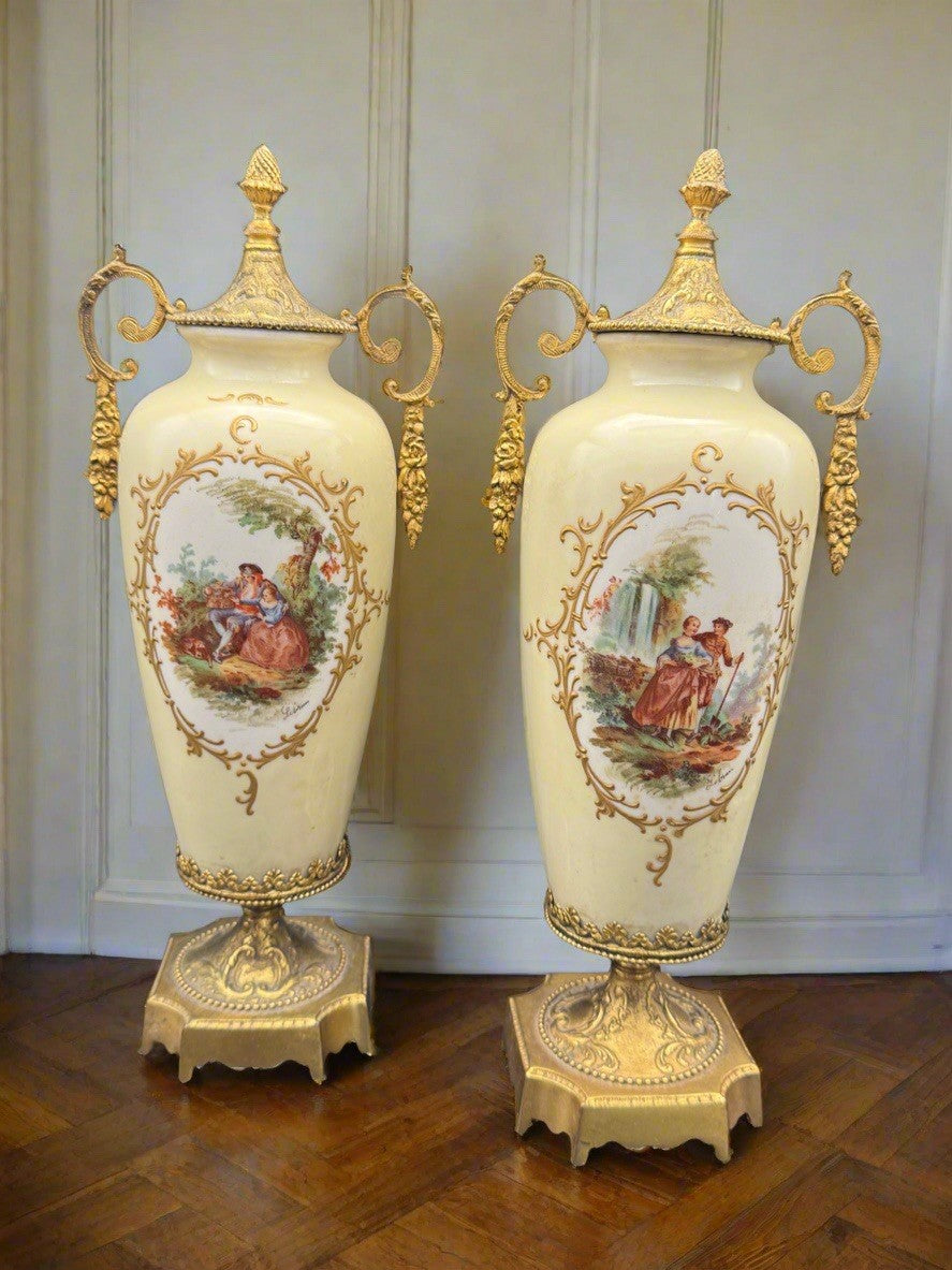 French Style Porcelain Gilt Ormolu Urns Signed Lebrun ESTATE FIND