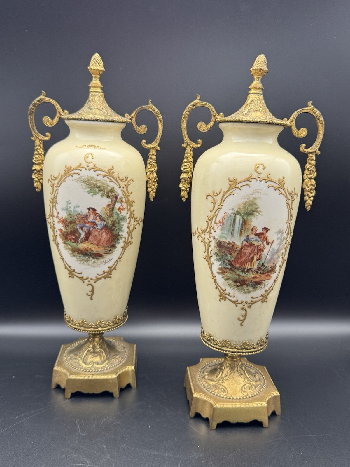 French Style Porcelain Gilt Ormolu Urns Signed Lebrun ESTATE FIND