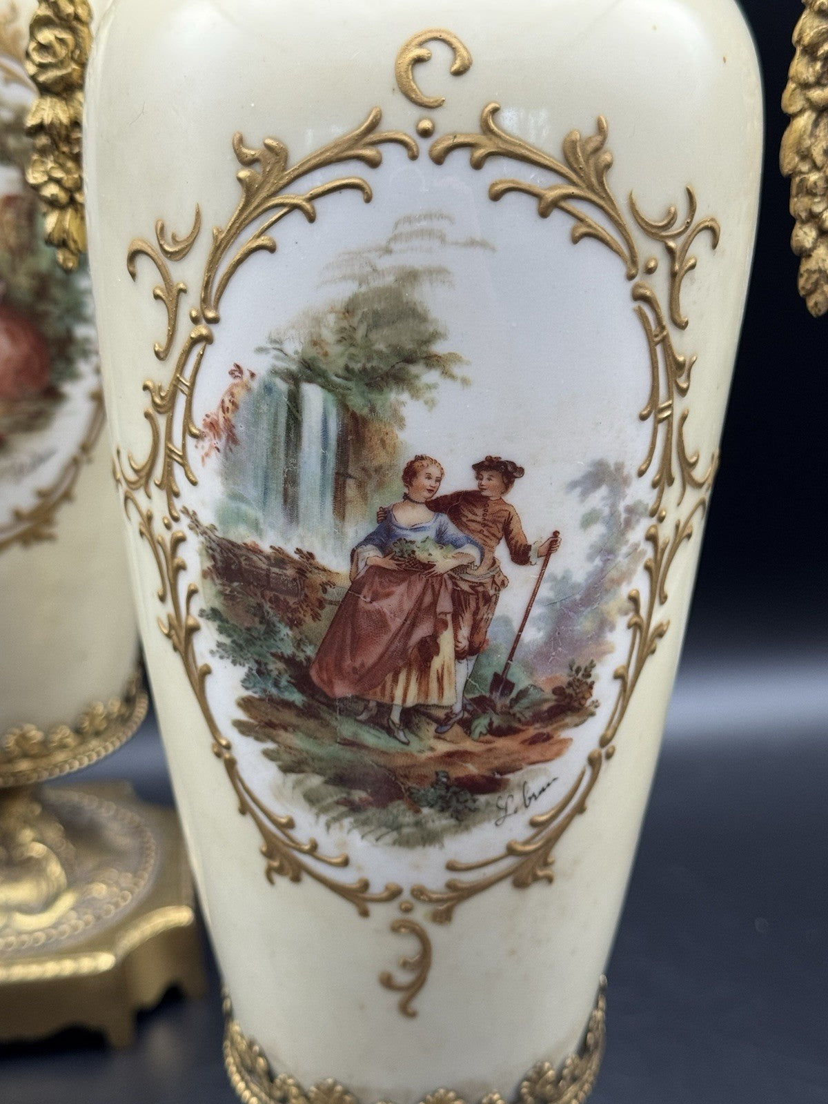 French Style Porcelain Gilt Ormolu Urns Signed Lebrun ESTATE FIND