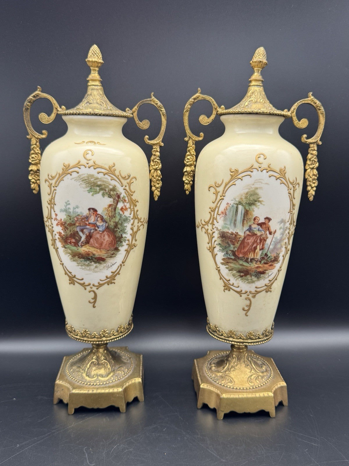 French Style Porcelain Gilt Ormolu Urns Signed Lebrun ESTATE FIND