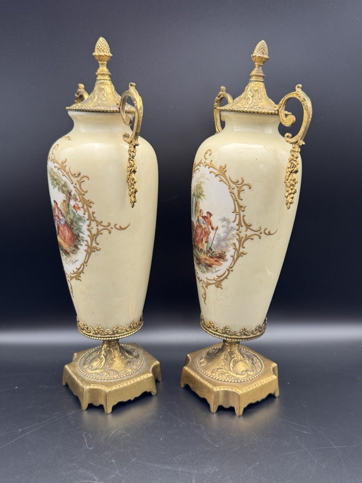 French Style Porcelain Gilt Ormolu Urns Signed Lebrun ESTATE FIND