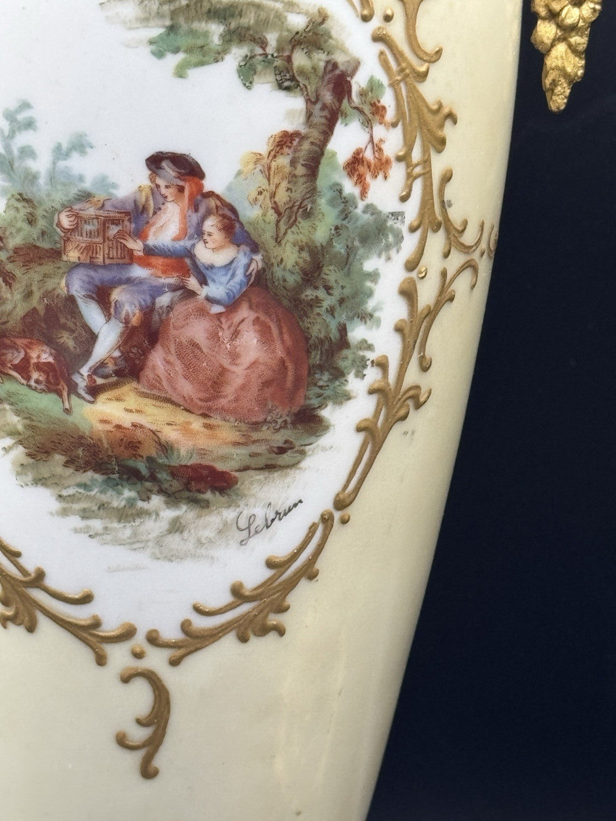 French Style Porcelain Gilt Ormolu Urns Signed Lebrun ESTATE FIND