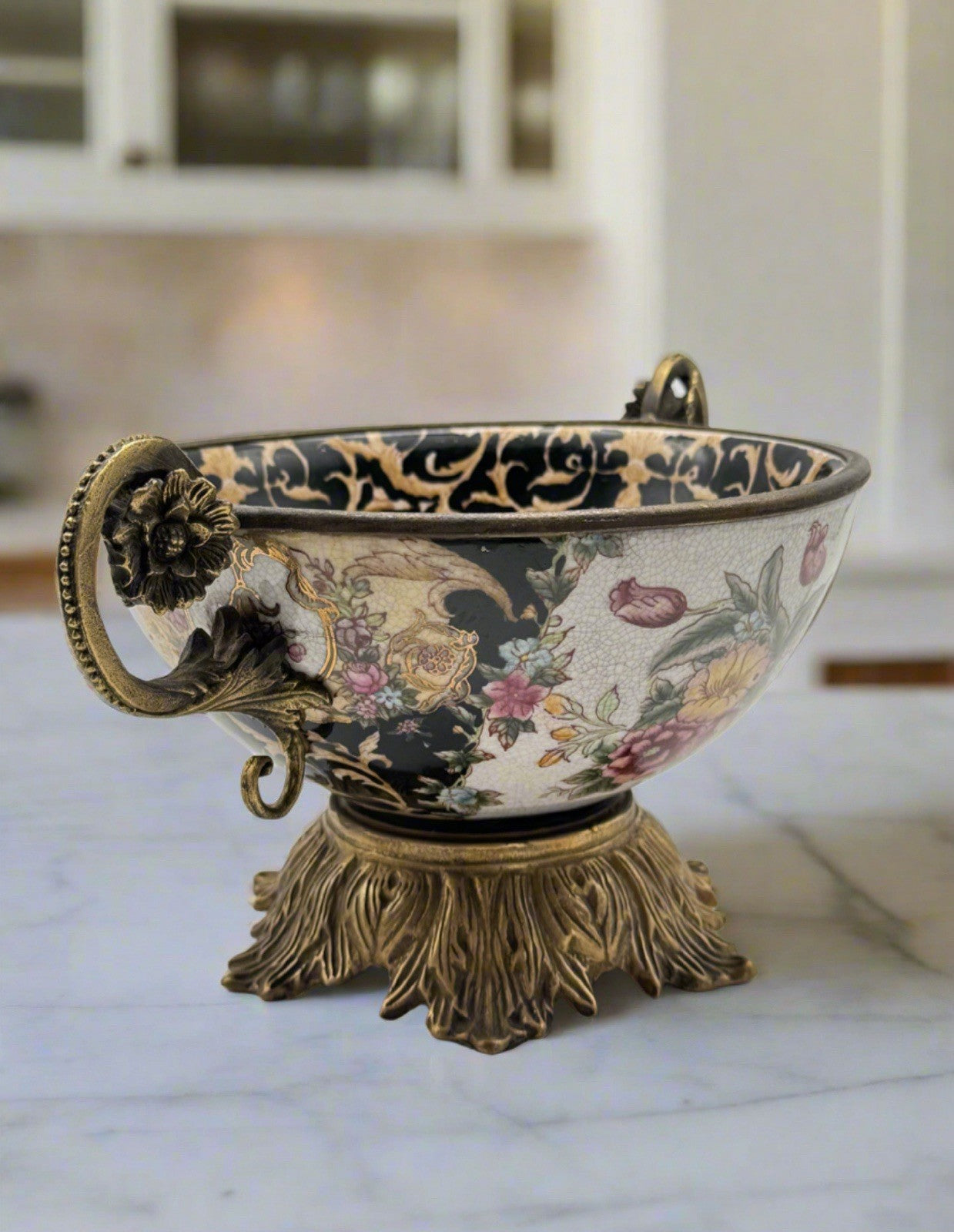 Chinese Export Crackle Glaze Center Piece Ormolu Style Handles ESTATE FIND