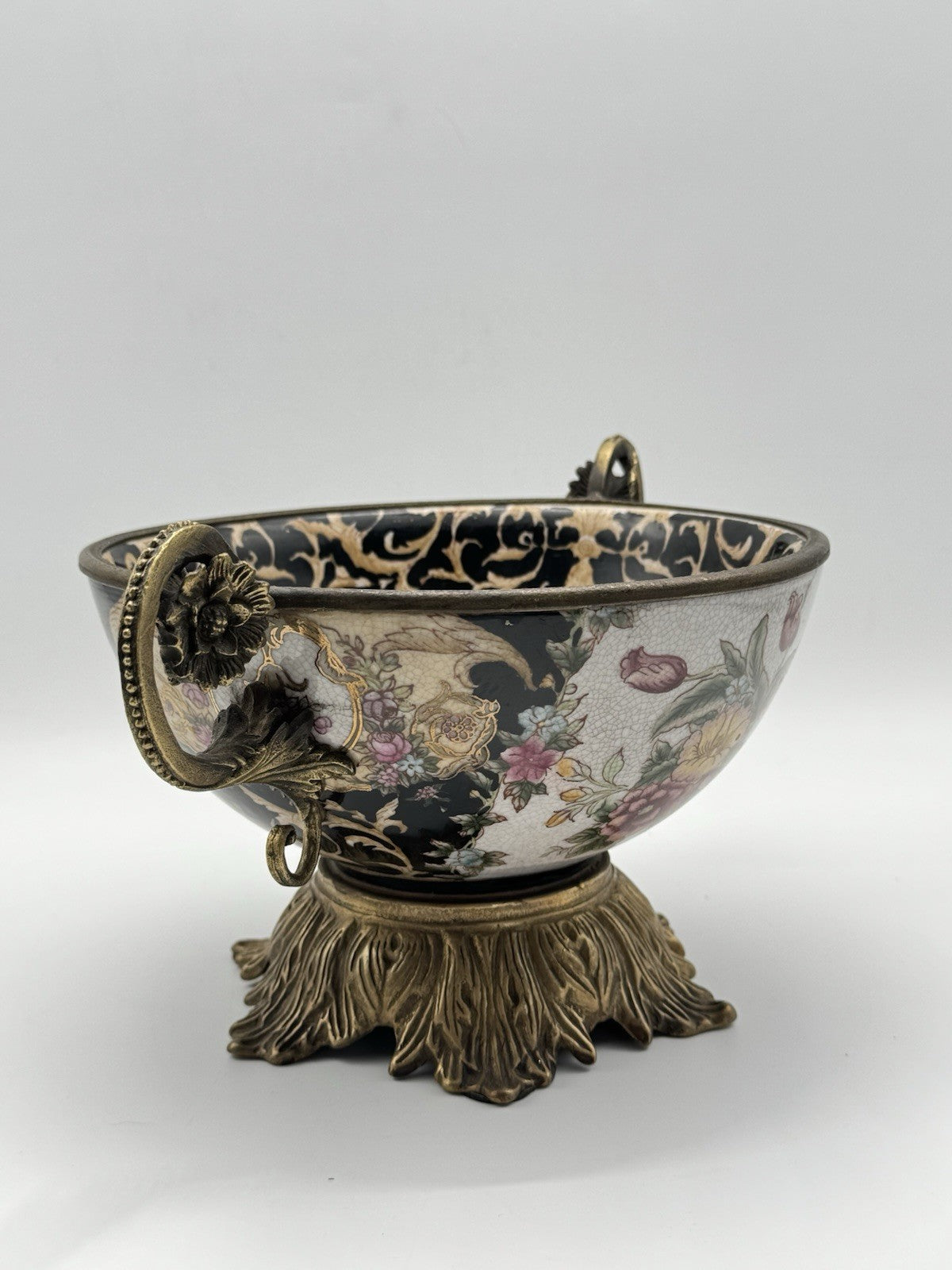 Chinese Export Crackle Glaze Center Piece Ormolu Style Handles ESTATE FIND