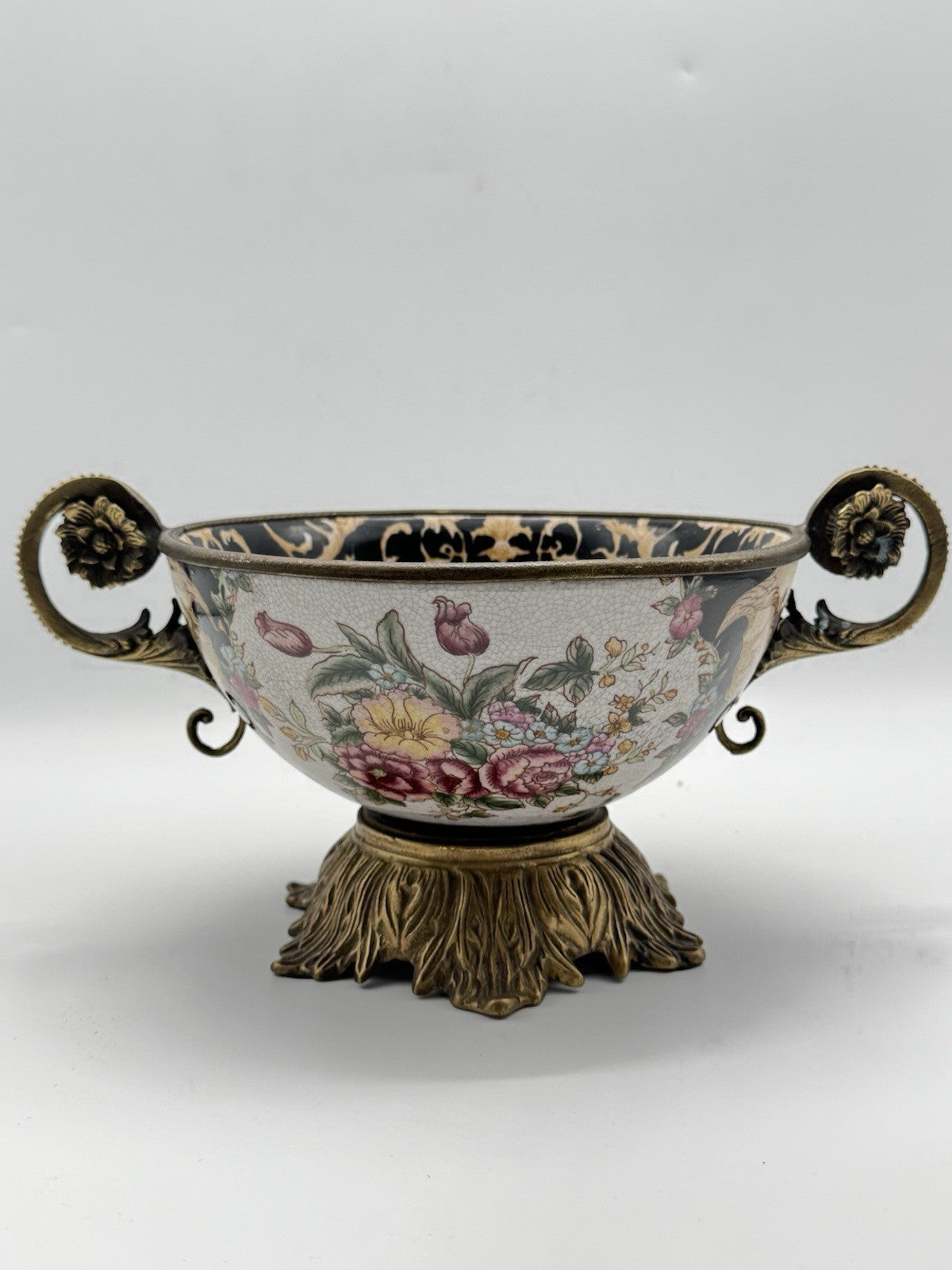 Chinese Export Crackle Glaze Center Piece Ormolu Style Handles ESTATE FIND