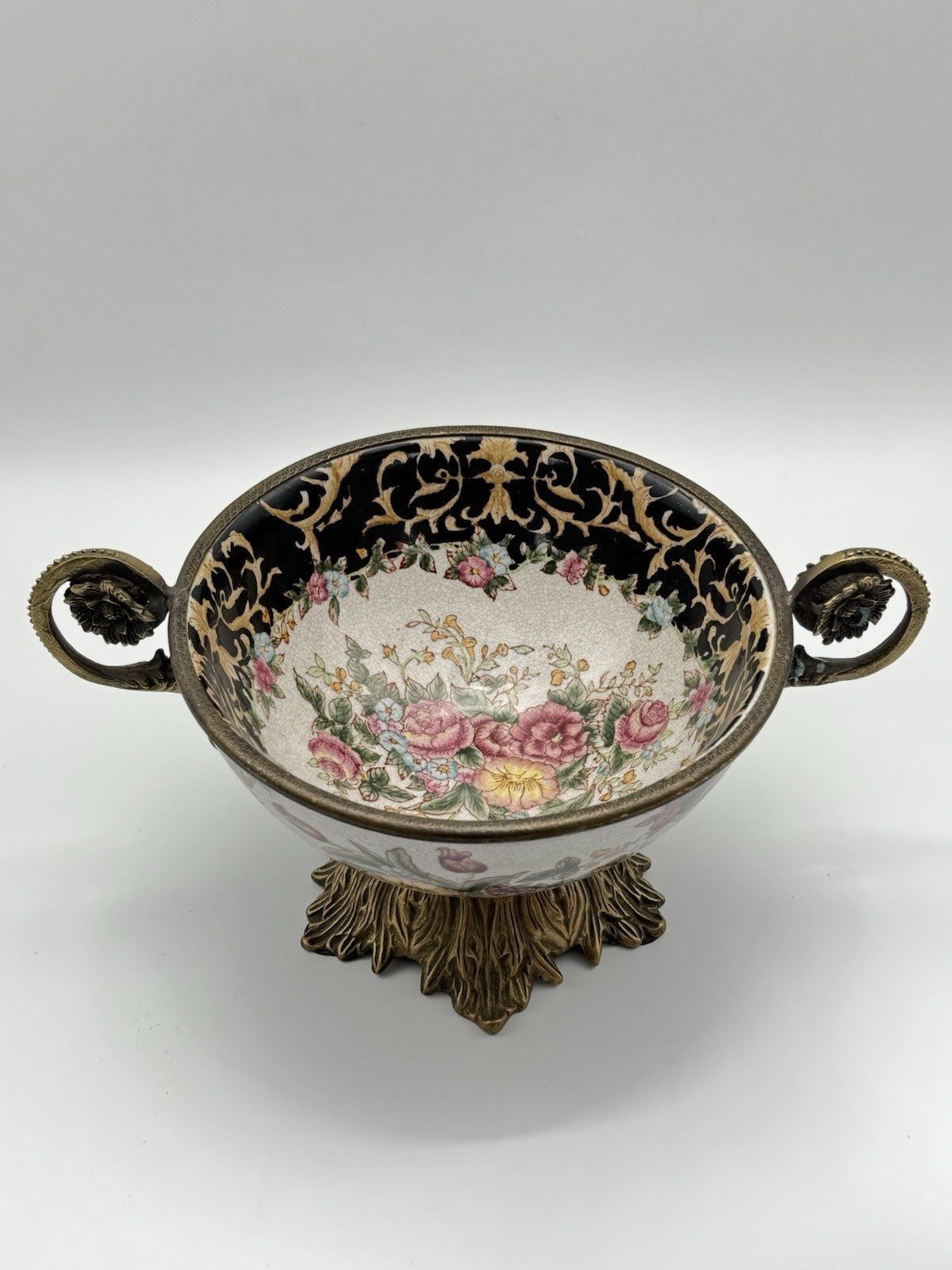 Chinese Export Crackle Glaze Center Piece Ormolu Style Handles ESTATE FIND
